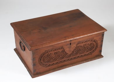 Antique Carved Teak Wood Document Box, 19th Century