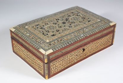 Elaborately Inlaid Damascus Box, Mother of Pearl, Abalone, Ebony and Multi-woods
