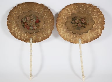 Pair of French Carved Antique Needlepoint Hand Fans
