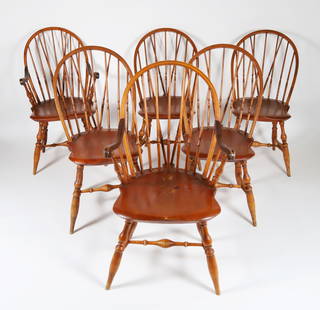 Six Warren Chair Works Windsor Dining Chairs: Six Warren Chair Works Windsor Dining Chairs comprising two armchairs and four side chairs Height 36 in. Width 19.5 in. Depth 19.5 in. Seat Height 16.5 in.