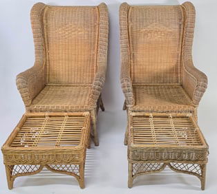 Pair of Vintage Ralph Lauren Rattan High Back Wing Chairs