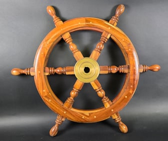 Vintage Inlaid Six-Spoke Ships Steering Wheel, 20th century.