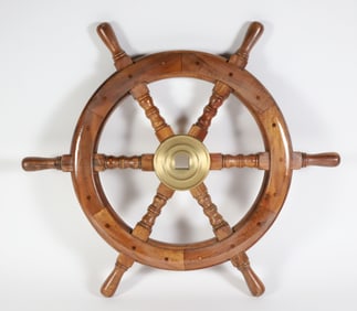 Mahogany and Brass Decorative Ships Wheel