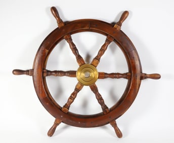 Mahogany and Brass Decorative Ships Wheel