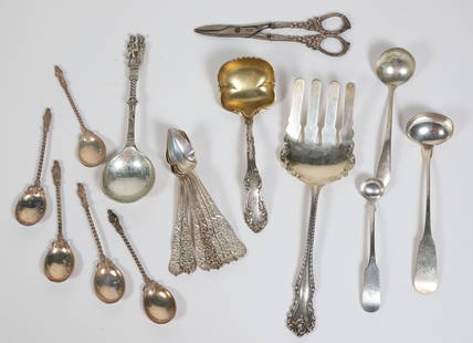 Lot of Sterling Silver Flatware and Serving Pieces: Lot of Sterling Silver Flatware and Serving Pieces, grapefruit spoons, ladles, demitasse spoons, serving fork, scissors, etc.