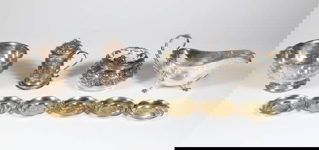 Ten Pieces of Assorted Sterling Silver Tableware: Ten Pieces of Sterling Silver Assorted Tableware, comprising; William Jones Gorham shaker Gorham gravy Boat Gorham Revere bowl 6 salts Gorham enamel top covered jar 28 Troy Ounces