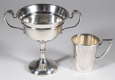 Sterling Silver Double Handled Trophy Cup Together With An 800 Silver Single Handle Cup