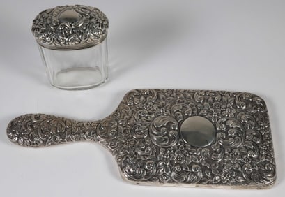 Sterling Silver Floral Embossed Hand Mirror and Covered Glass Bottle