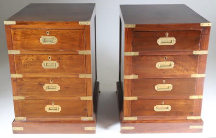 Pair of Brass Bound Mahogany Campaign Style End Tables or Stands