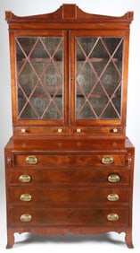 American Federal Inlaid Mahogany Secretary Bookcase, 19th Century