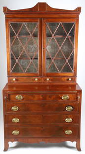 American Federal Inlaid Mahogany Secretary Bookcase, 19th Century: American Federal Inlaid Mahogany Secretary Bookcase, 19th Century, two upper glazed doors over two narrow drawers, over four graduating drawers, scalloped apron, French bracket feet, line inlay Height