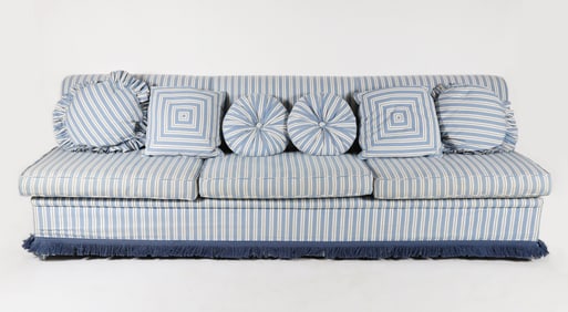 Large Blue and White Striped Upholstered Sofa