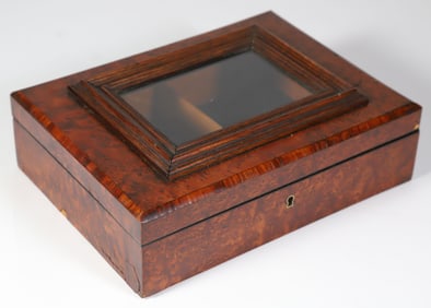 Antique Burlwood Lift Top Jewelry Box with Glass Top Window