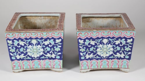 Pair of Antique Chinese Polychrome Porcelain Enameled Square Cache Pots