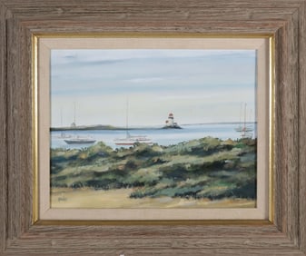 Roy Bailey Oil on Canvas "Harbor Seascape with Lighthouse in the Distance"