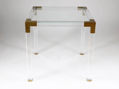 Brass Bound Modern Glass Top Lucite Table: Brass Bound Modern Glass Top Lucite Table 24 in. x 24 in. x 24 in.