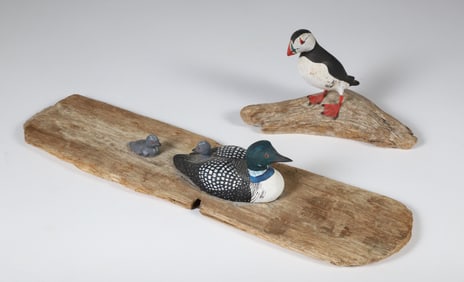 Two Miniature Carved and Painted Birds Including a Loon and Puffin
