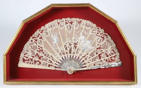 Cased Mother of Pearl Lady's Lace and Watercolor Hand Fan, 19th Century