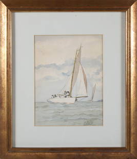 Milton J. Burns Watercolor on Paper "Sunday Sailing": Milton J. Burns (American 1853-1933) Watercolor on Paper "Sunday Sailing", signed lower right M. Burns, matted and framed 12 in. x 9 in. Framed 20.5 in. x 17.5 in. Provenance: The Estate of Joly Walto