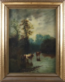 J. Fox Oil on Canvas "Pastoral River Landscape", circa 1910