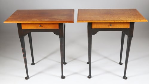 Pair of Eldred Wheeler Tiger Maple One Drawer Tavern Tables