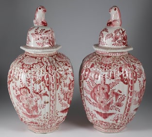 Pair of Rouge Delft Ceramic Covered Temple Jars