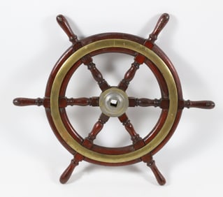 Vintage Mahogany and Brass Ship's Wheel
