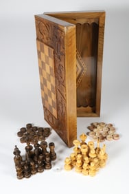 Vintage Wood Chess and Checkerboard Box with Carved Wood Playing Pieces