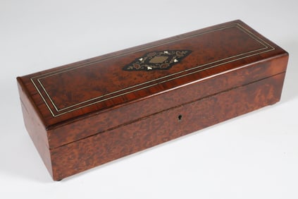 English Burlwood and Inlaid Brass Glove Box with Wind Up Music, 19th Century