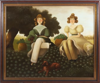 Steve L. Cull Folk Art Oil on Canvas "Portrait of Sisters and Their Dachshund"