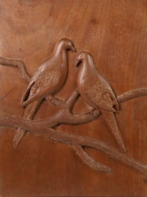 Aletha Macy Carved Wood Bird Plaque, "Two Doves on a Branch", circa 1950-60
