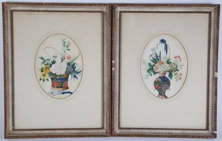 Fine Pair of Early 19th Century Chinese Watercolor on Rice Paper "Floral Still Lifes"