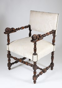 Carved English Upholstered Back and Seat Armchair with Full Reclining Lion Armrest