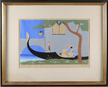 Art Deco Gouache and Watercolor Venetian Scene Painted by Bentivoglo