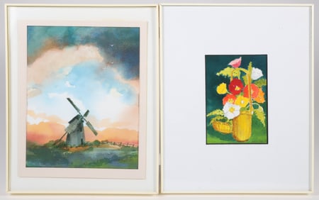 Two Jerry Carl Watercolors "Nantucket Basket Still Life" and "The Old Mill"