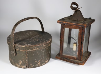 Primitive Nantucket Made Covered Circular Box and Early Lantern, 19th Century