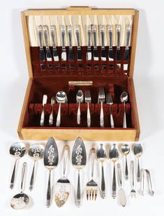 Eighty-Six Piece Set of Silver Plated Flatware in a Fitted Deco Style Box: Eighty-Six Piece Set of Silver Plated Flatware in a Fitted Deco Style Box, comprising of; 12 Dinner Knives 12 Dinner Forks 12 Salad Forks 12 Soup Spoons 12 Teaspoons 14 Butter Kniv
