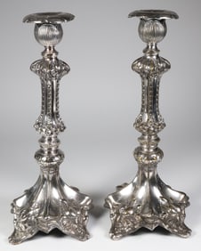 Pair of Victorian Repousse Silver Plated Candlesticks