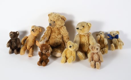 Collection of 9 Antique Miniature Articulated Teddy Bears
