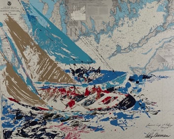  Leroy Neiman “Americas Cup 19th Challenge” Painted Nautical Chart