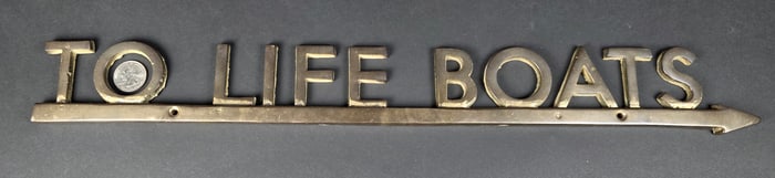 Vintage Solid Brass, “To Life Boats” Nautical Naval Deck Sign, 20th century