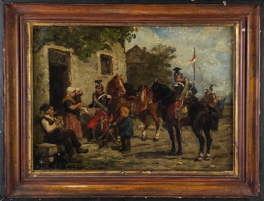 Antique  European War Cavalry Oil on Canvas Painting, 19th Century
