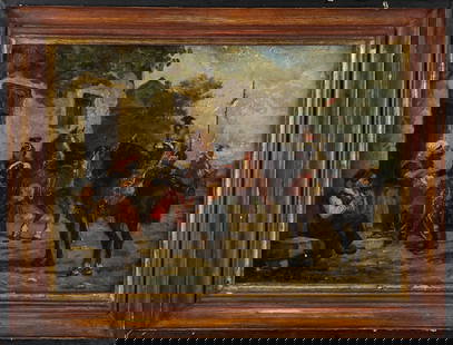 Antique  European War Cavalry Oil on Canvas Painting, 19th Century: "Antique European War Cavalry Oil on Canvas Painting, 19th century, signed lower left. 10.25 in. X 13 in. Overall 13.5 in. X 16.75 in."