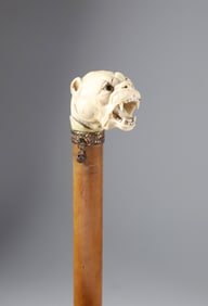 English Carved Vicious Dog Grip Walking Stick