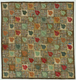 American Floral and Oak Leaf Design Hooked Rug