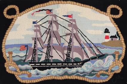 Vintage Claire Murray Hooked Rug Clippership Off Sankaty Lighthouse