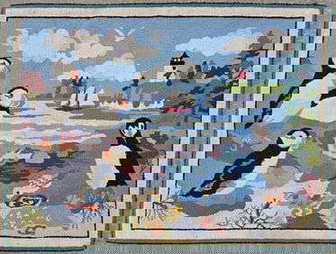 Claire Murray Hooked Rug "Puffins and Curtis Island Light"