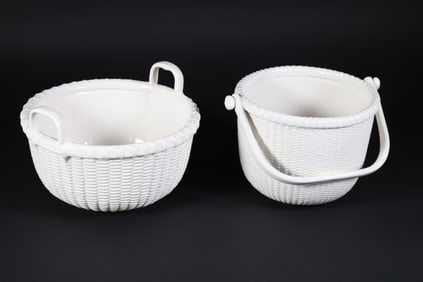 Two George Davis White Glazed Ceramic Nantucket Baskets