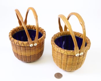 Pair of Paul Willer Nantucket Basket, Double Swing Handles and Cobalt Glass Liners