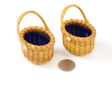 Pair of Paul Willer Miniature Oval Nantucket Basket Salts with Cobalt Liners